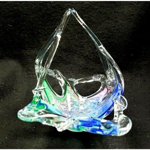 STUNNING! Vintage Art Glass Basket Candy Dish Blue Pink Green Swirl Colorful - Picture 1 of 6